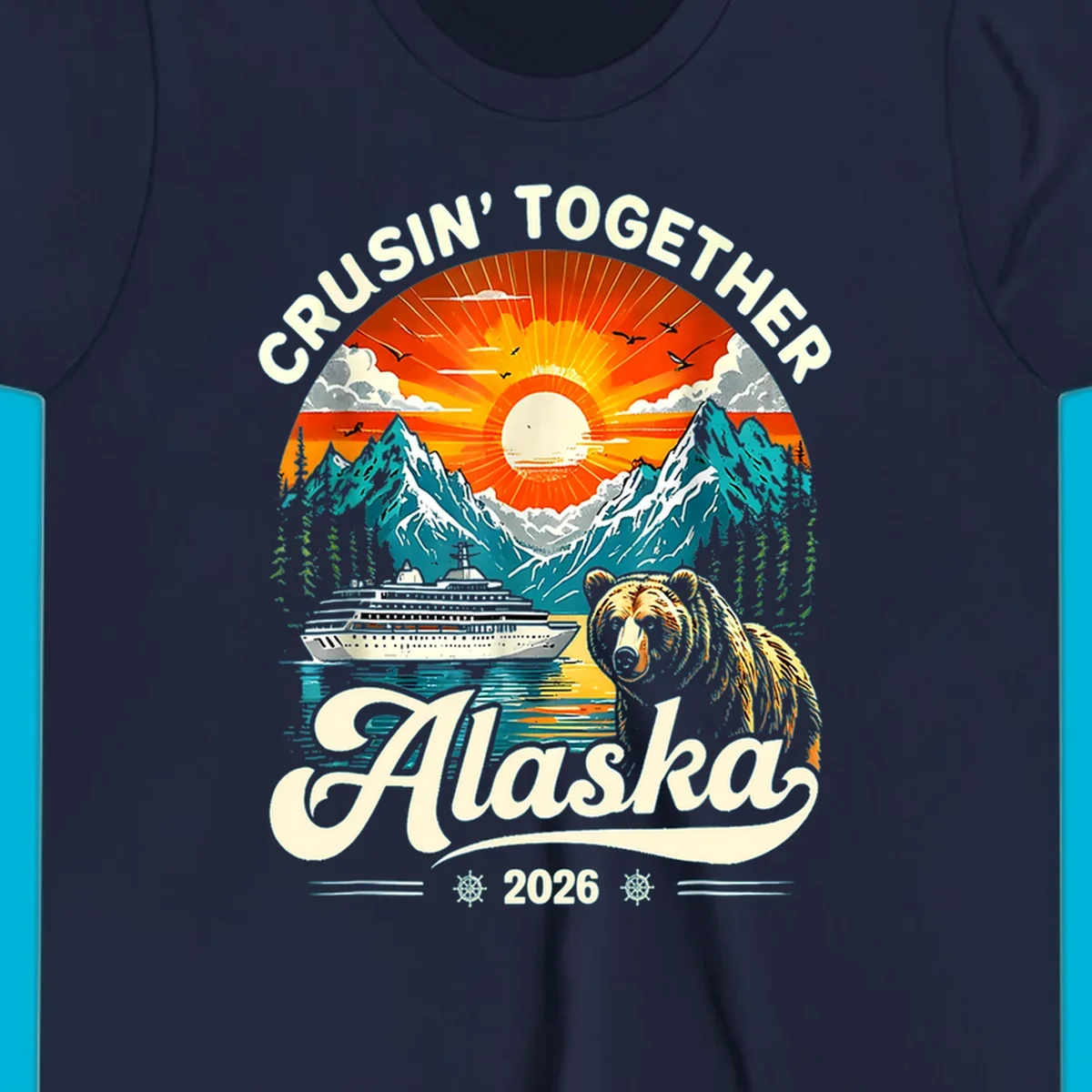 A vintage-style illustration of an Alaska cruise bear ship design with mountains, a cruise ship, a bear, and text.