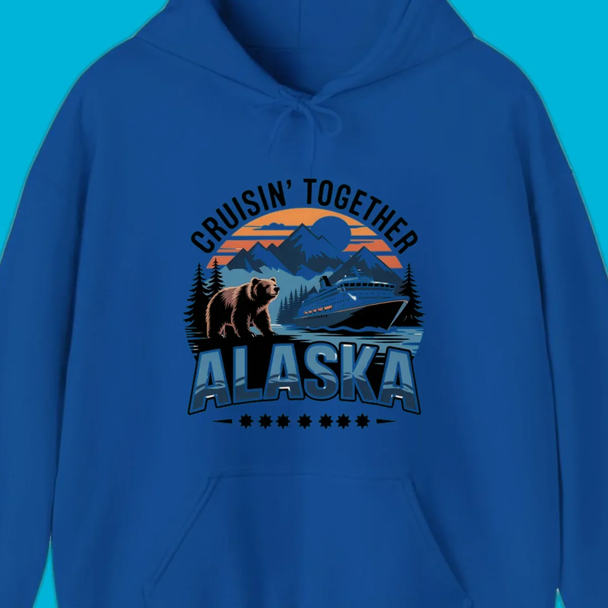 A vintage-style illustration of an alaska-cruise-bear-ship scene with mountains, trees, and a sunset, text "CRUISIN' TOGETHER ALASKA".