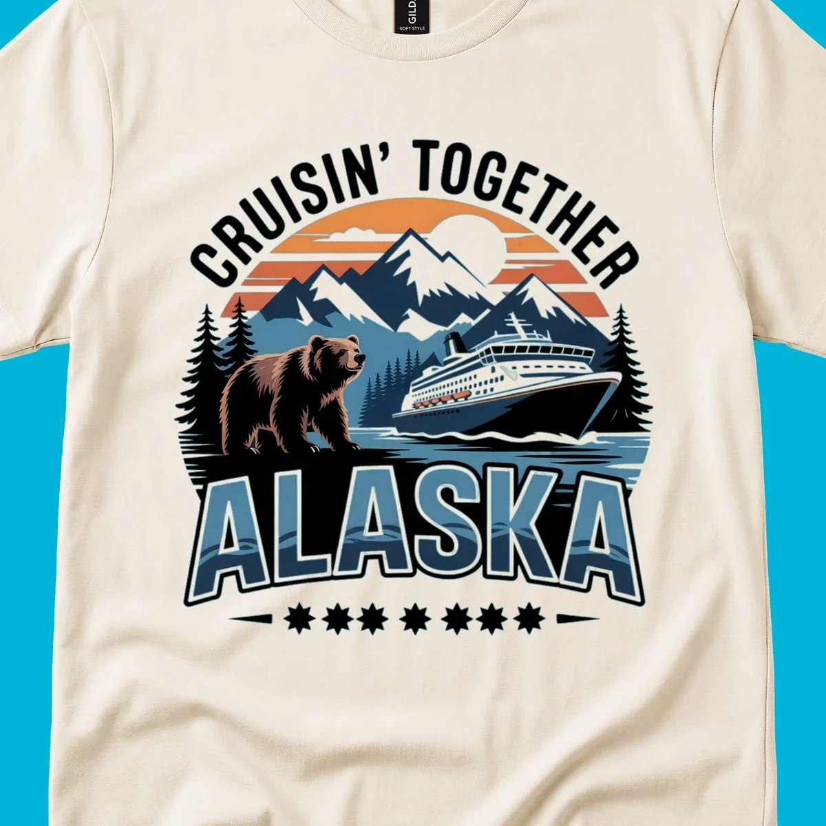 A vintage-style illustration of an alaska-cruise-bear-ship scene with mountains, trees, and a sunset, text "CRUISIN' TOGETHER ALASKA".