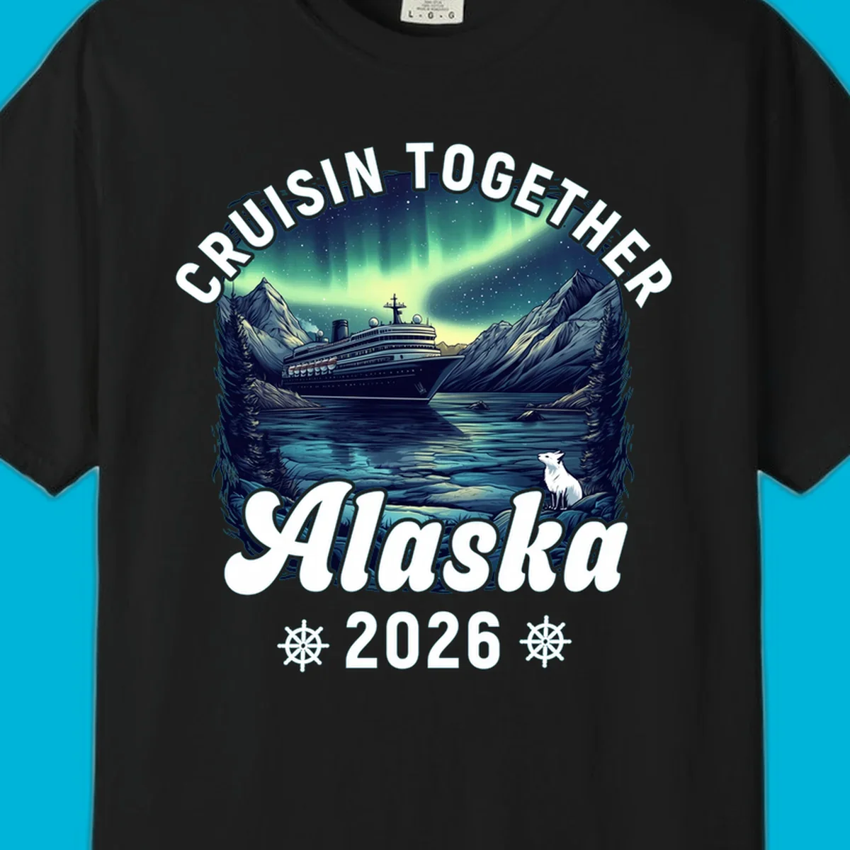 An illustrated scenic design for a cruisin together alaska 2026 cruise, showing a ship, mountains, northern lights, and a white fox.