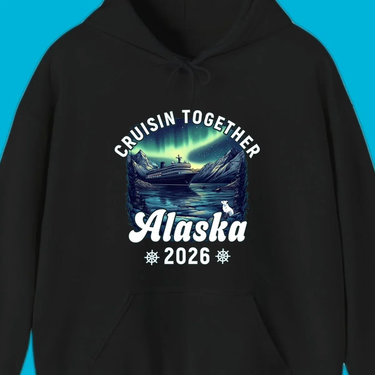 An illustrated scenic design for a cruisin together alaska 2026 cruise, showing a ship, mountains, northern lights, and a white fox.