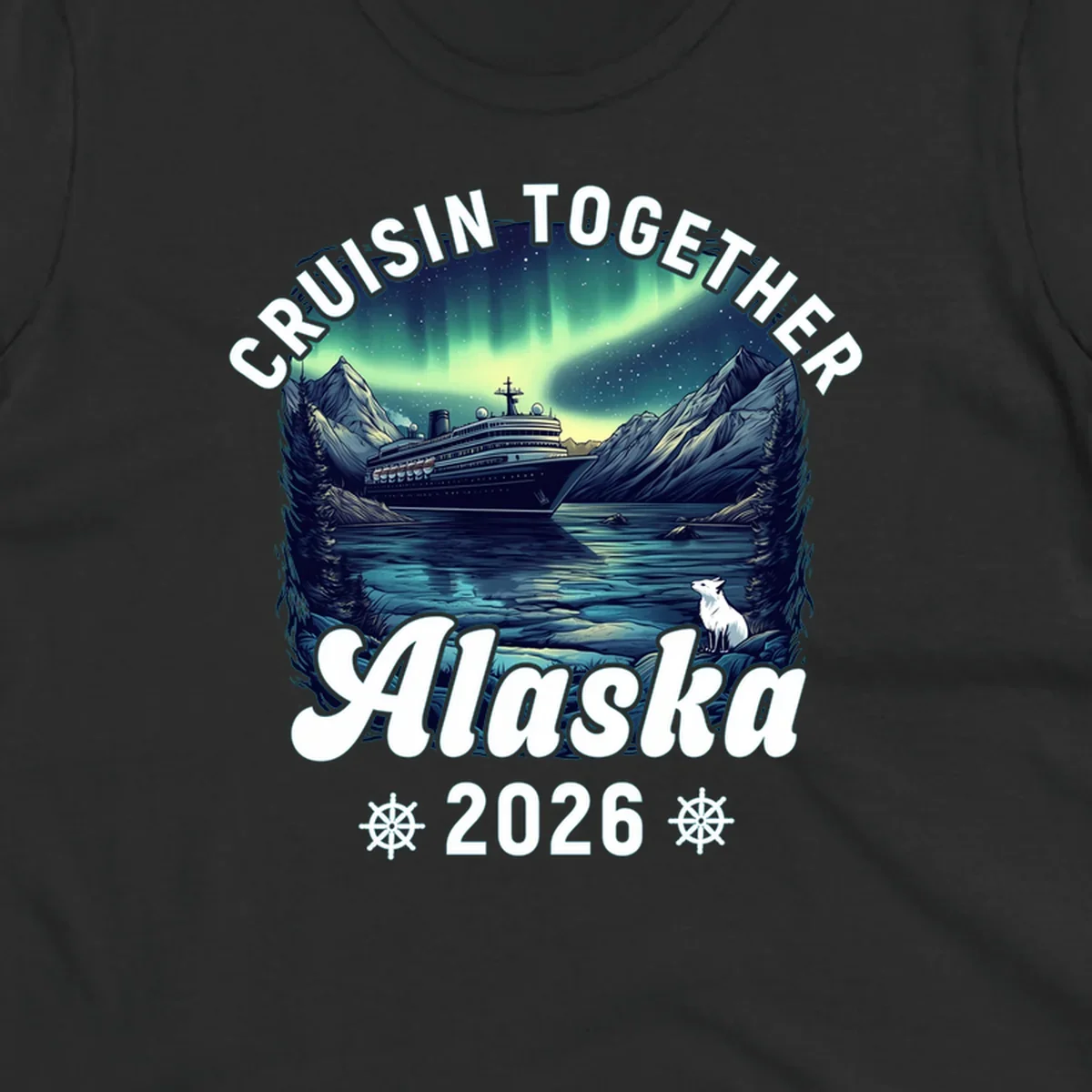 An illustrated scenic design for a cruisin together alaska 2026 cruise, showing a ship, mountains, northern lights, and a white fox.