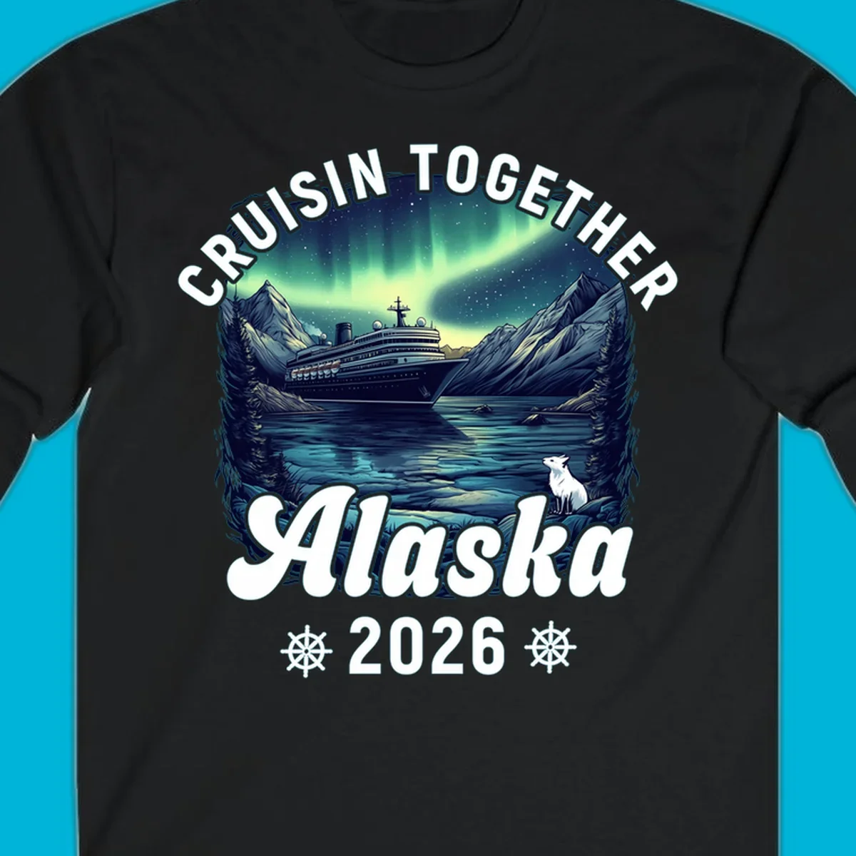 An illustrated scenic design for a cruisin together alaska 2026 cruise, showing a ship, mountains, northern lights, and a white fox.