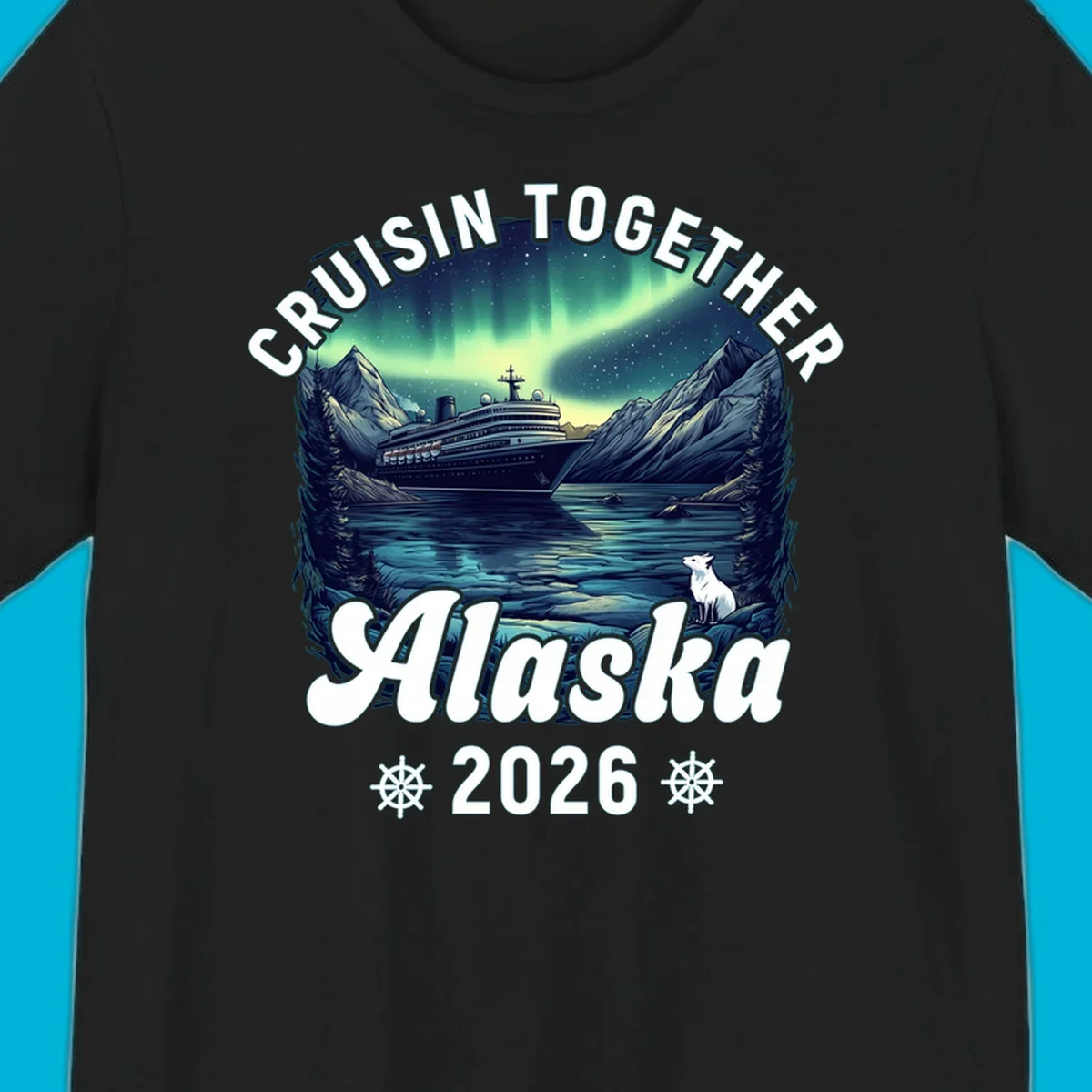 An illustrated scenic design for a cruisin together alaska 2026 cruise, showing a ship, mountains, northern lights, and a white fox.