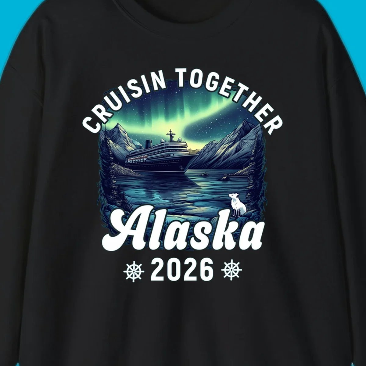 An illustrated scenic design for a cruisin together alaska 2026 cruise, showing a ship, mountains, northern lights, and a white fox.