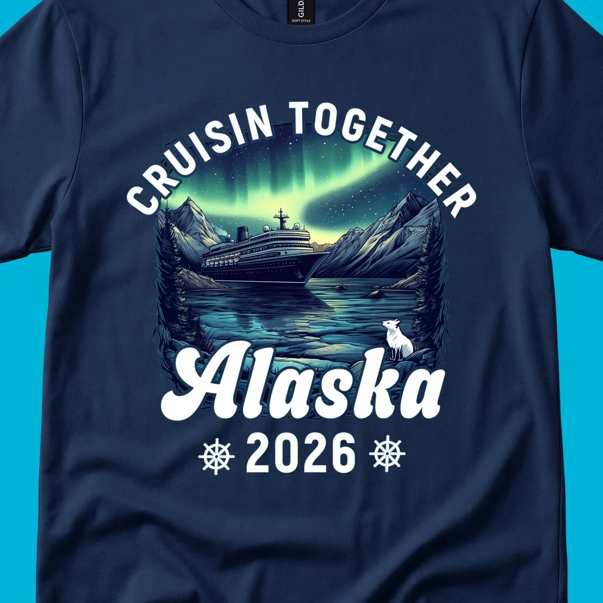 An illustrated scenic design for a cruisin together alaska 2026 cruise, showing a ship, mountains, northern lights, and a white fox.