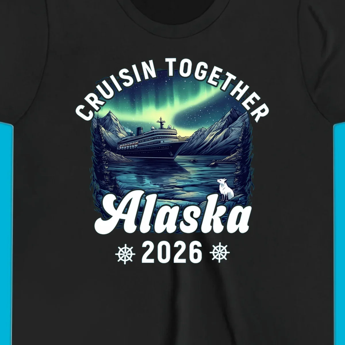 An illustrated scenic design for a cruisin together alaska 2026 cruise, showing a ship, mountains, northern lights, and a white fox.