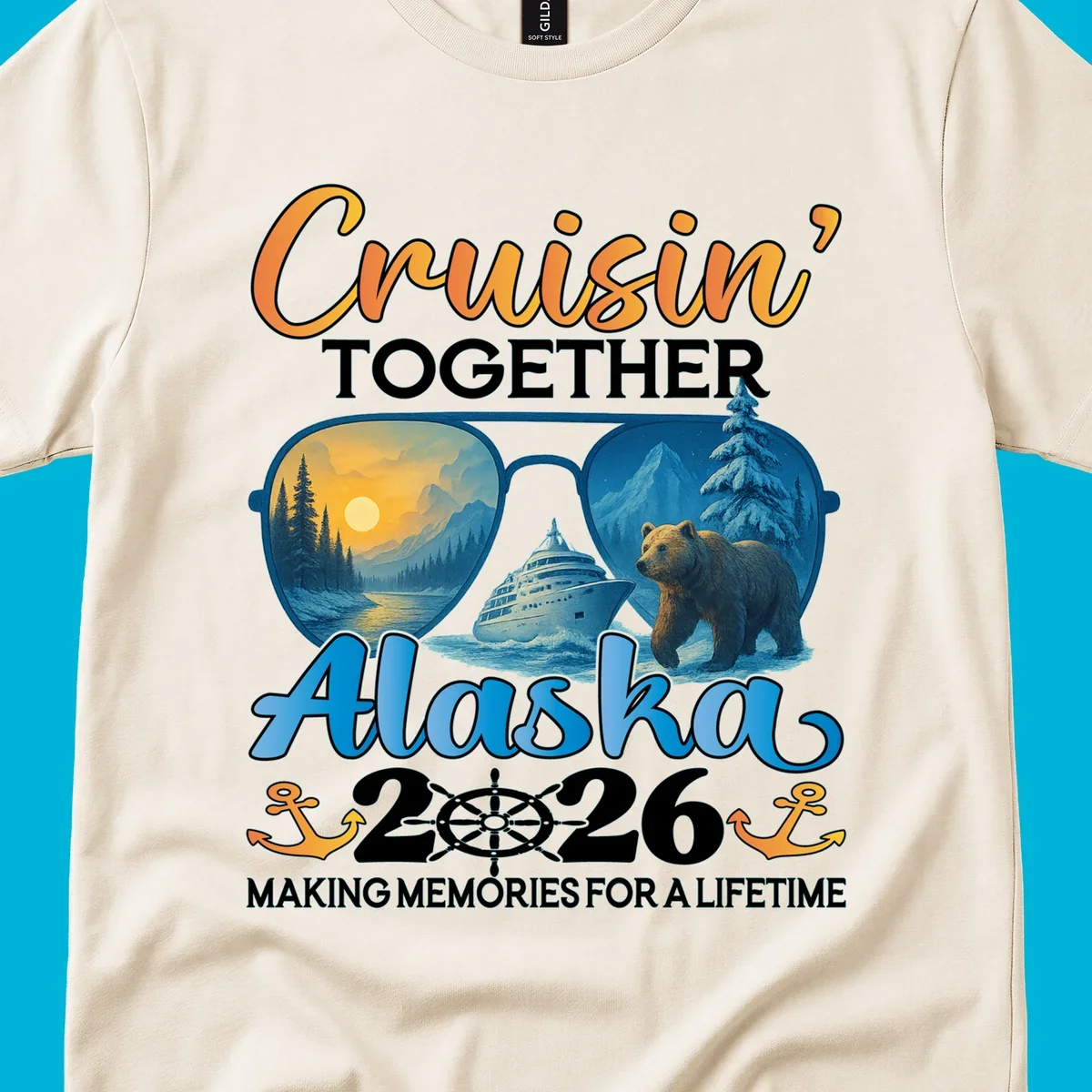 An illustrated design for an Alaska 2026 cruise featuring sunglasses reflecting a sunset and a bear with a cruise ship, along with "Cruisin' TOGETHER Alaska 2026" text.