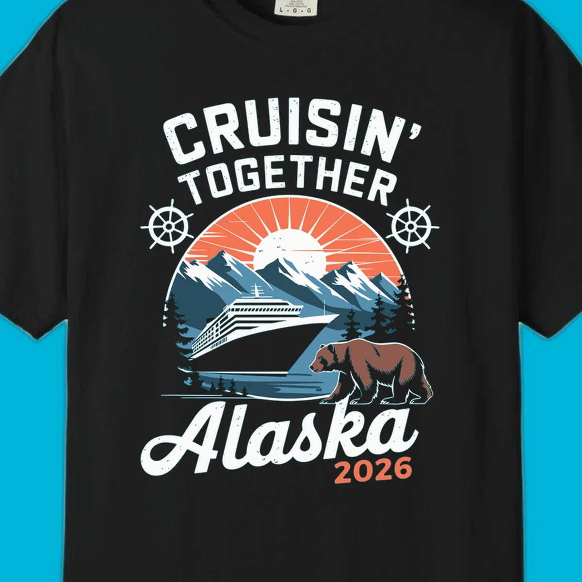 Illustration of an Alaskan cruise ship, mountains, sun, and brown bear with 'CRUISIN' TOGETHER Alaska 2026' text. (cruisin-together-alaska-bear)