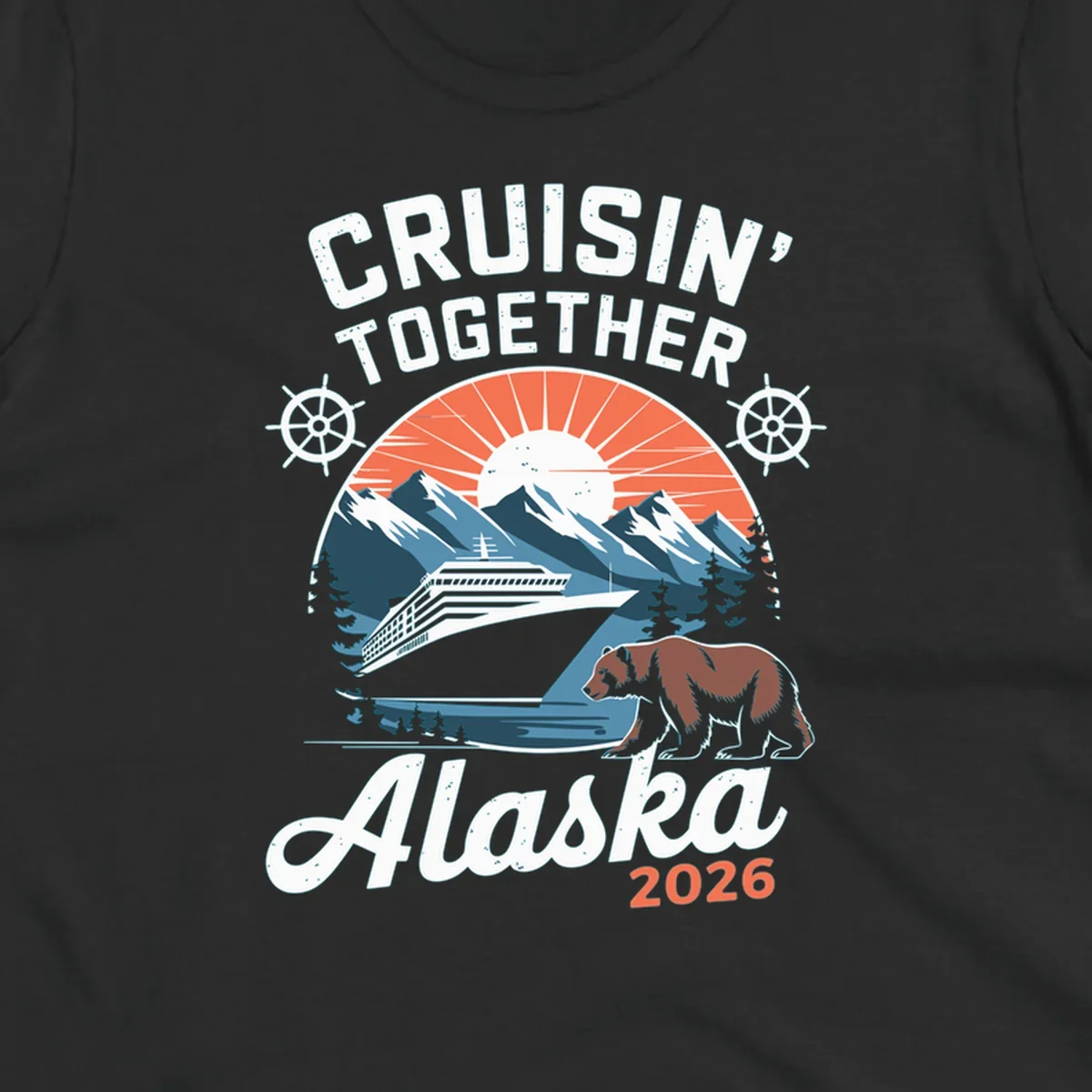 Illustration of an Alaskan cruise ship, mountains, sun, and brown bear with 'CRUISIN' TOGETHER Alaska 2026' text. (cruisin-together-alaska-bear)