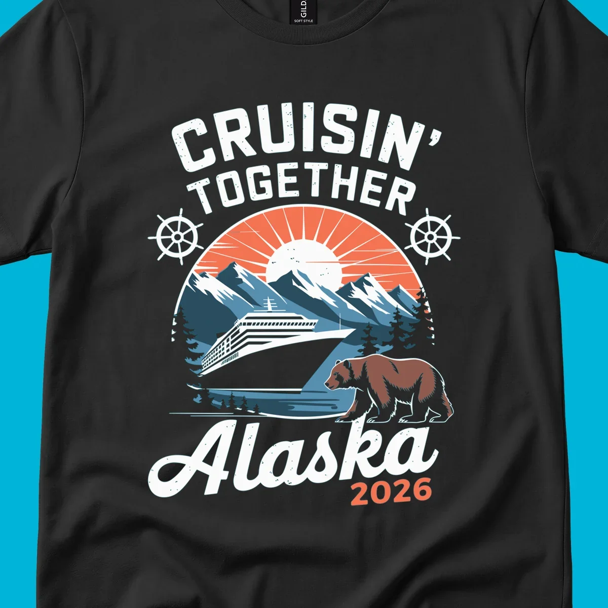 Illustration of an Alaskan cruise ship, mountains, sun, and brown bear with 'CRUISIN' TOGETHER Alaska 2026' text. (cruisin-together-alaska-bear)
