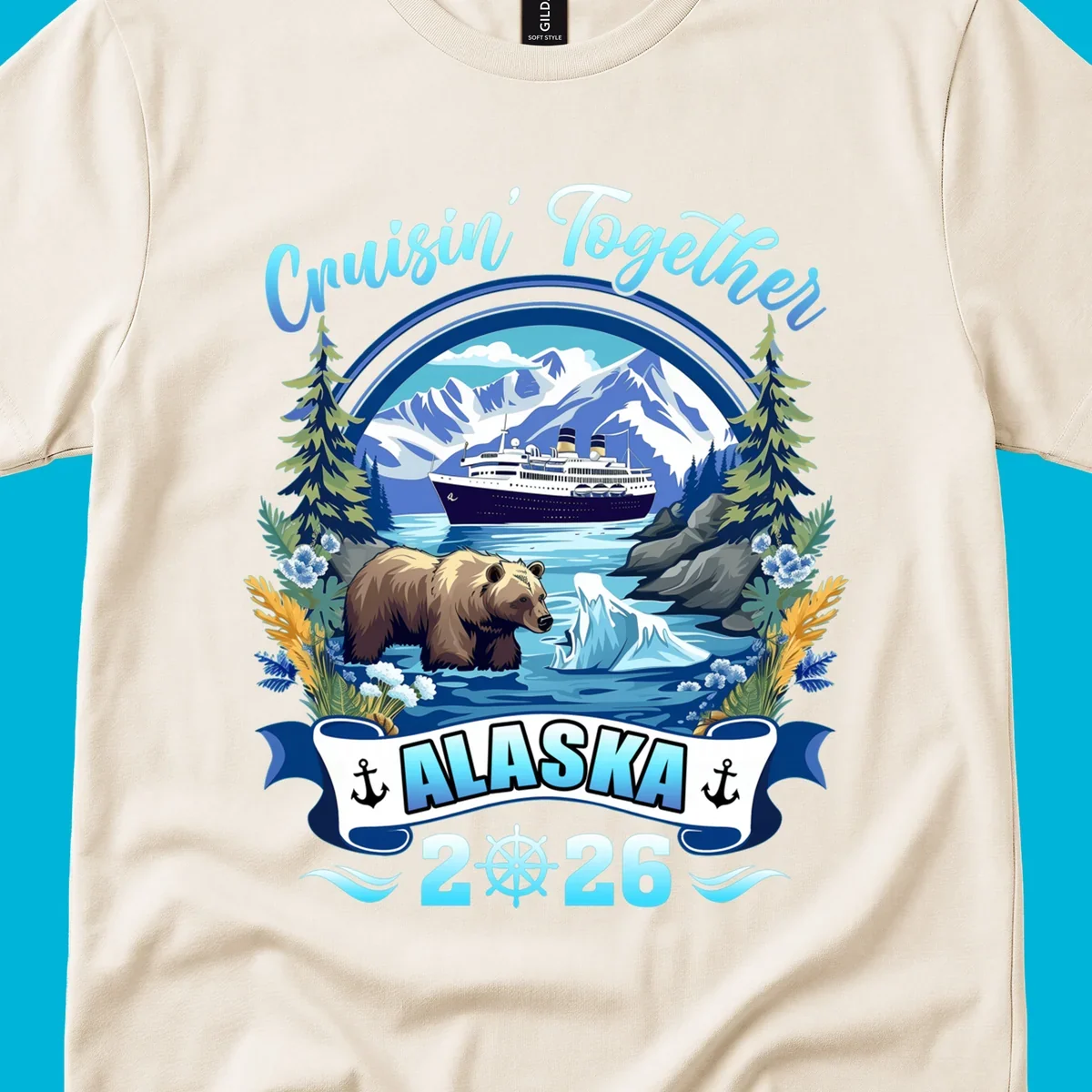 Scenic Alaskan cruise design with a ship, mountains, brown bear, iceberg, and "Cruisin' Together Alaska 2026" text.