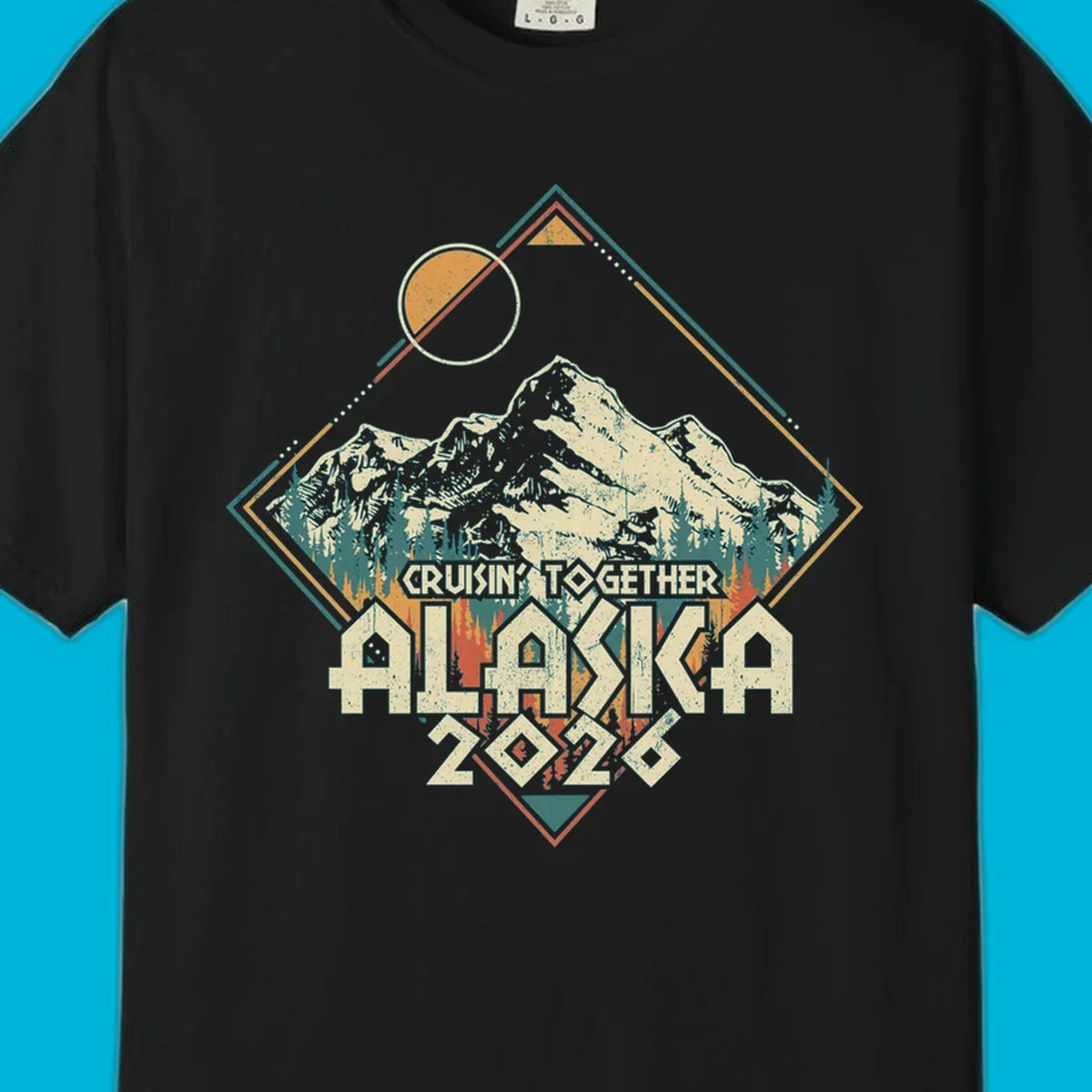 Vintage-style illustration of Alaska mountains and pine trees within a geometric frame, with 'Cruisin' Together Alaska 2026' text, for an Alaska cruise.