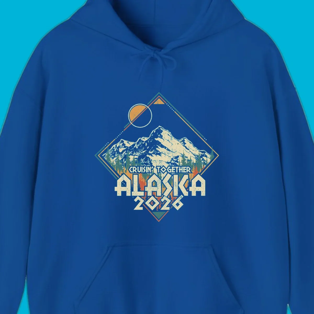 Vintage-style illustration of Alaska mountains and pine trees within a geometric frame, with 'Cruisin' Together Alaska 2026' text, for an Alaska cruise.