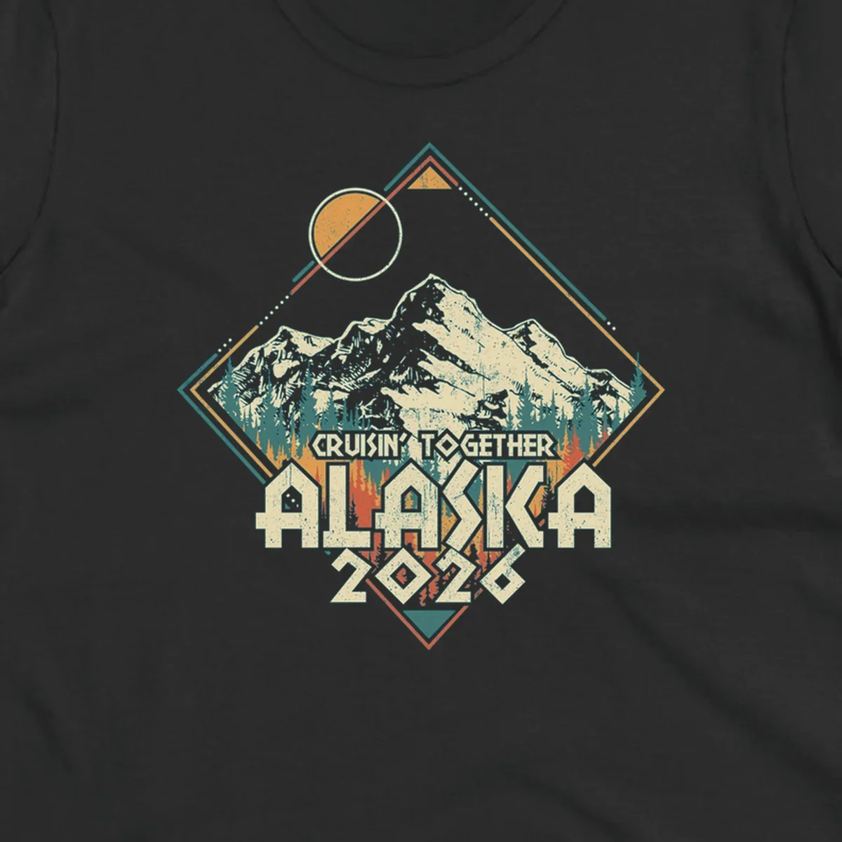 Vintage-style illustration of Alaska mountains and pine trees within a geometric frame, with 'Cruisin' Together Alaska 2026' text, for an Alaska cruise.