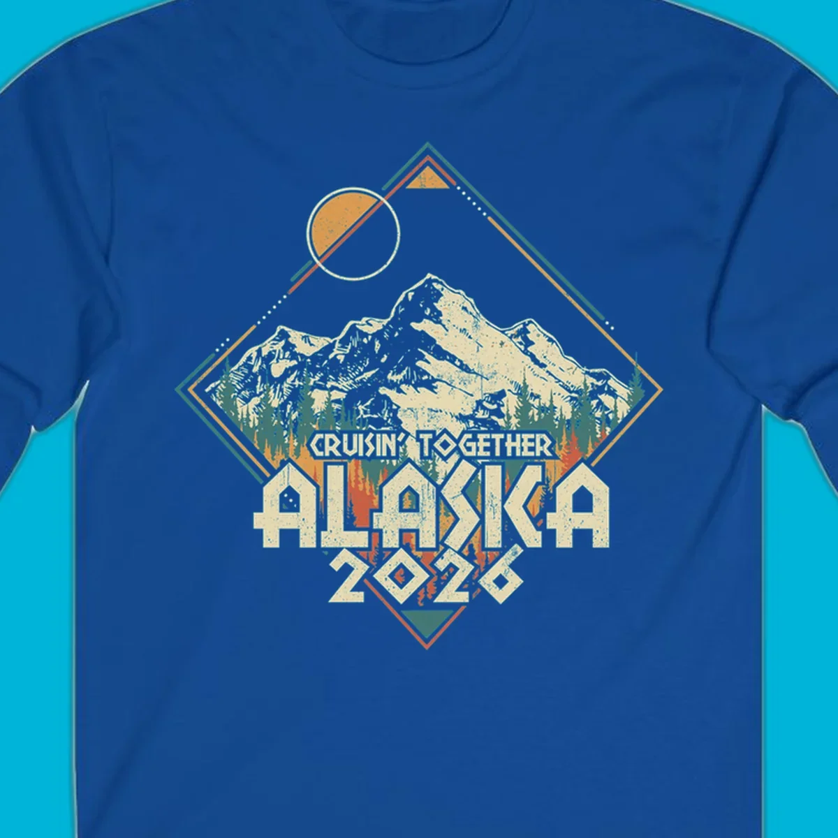 Vintage-style illustration of Alaska mountains and pine trees within a geometric frame, with 'Cruisin' Together Alaska 2026' text, for an Alaska cruise.