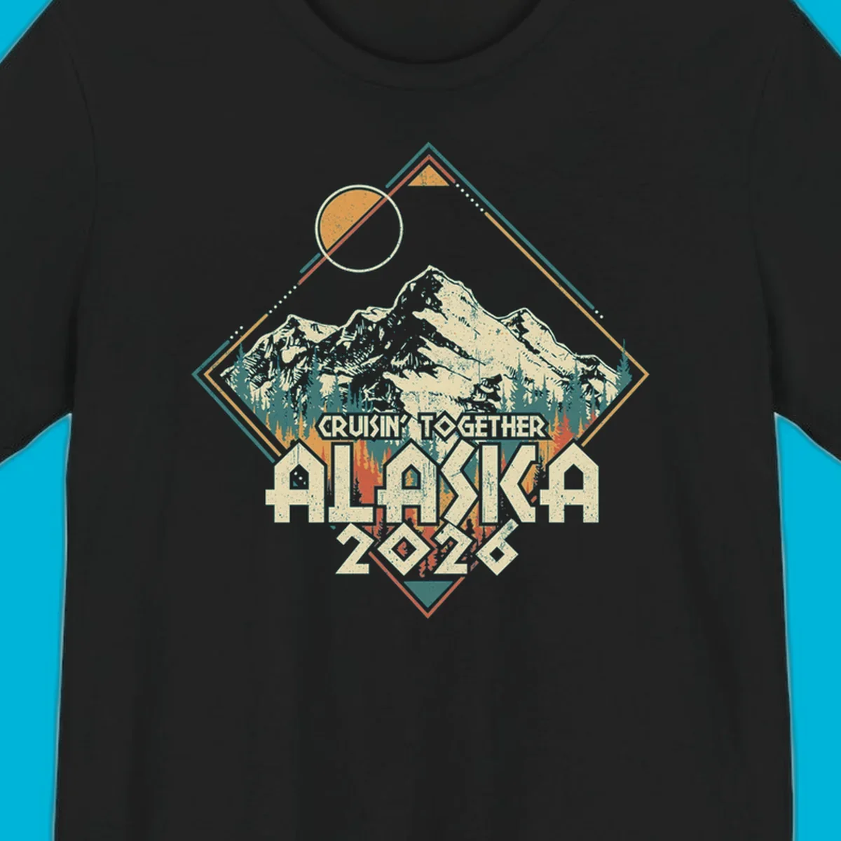 Vintage-style illustration of Alaska mountains and pine trees within a geometric frame, with 'Cruisin' Together Alaska 2026' text, for an Alaska cruise.