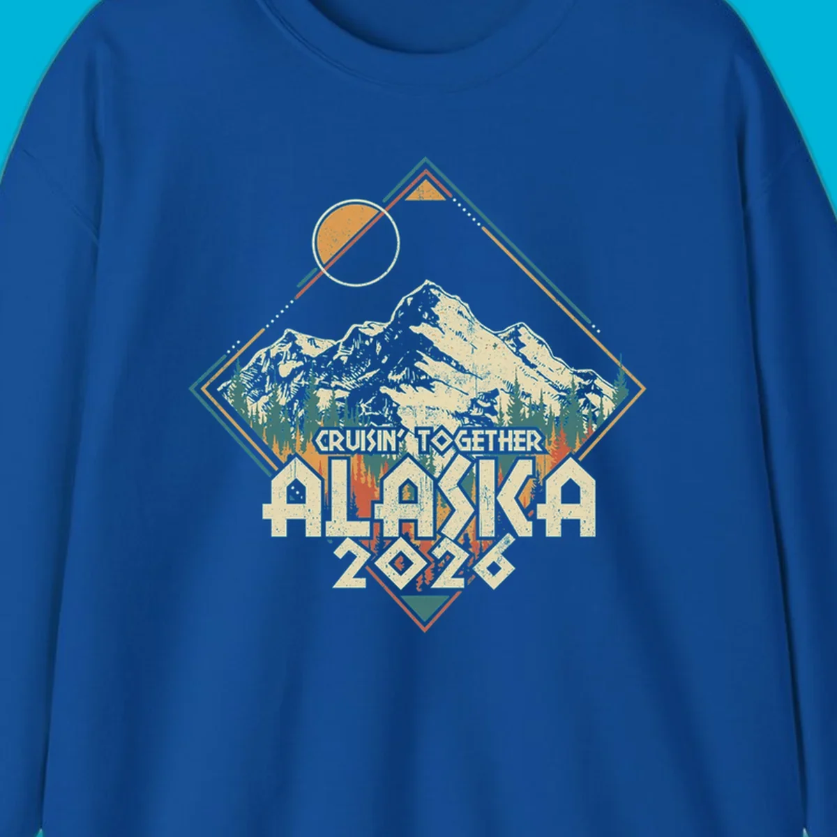 Vintage-style illustration of Alaska mountains and pine trees within a geometric frame, with 'Cruisin' Together Alaska 2026' text, for an Alaska cruise.