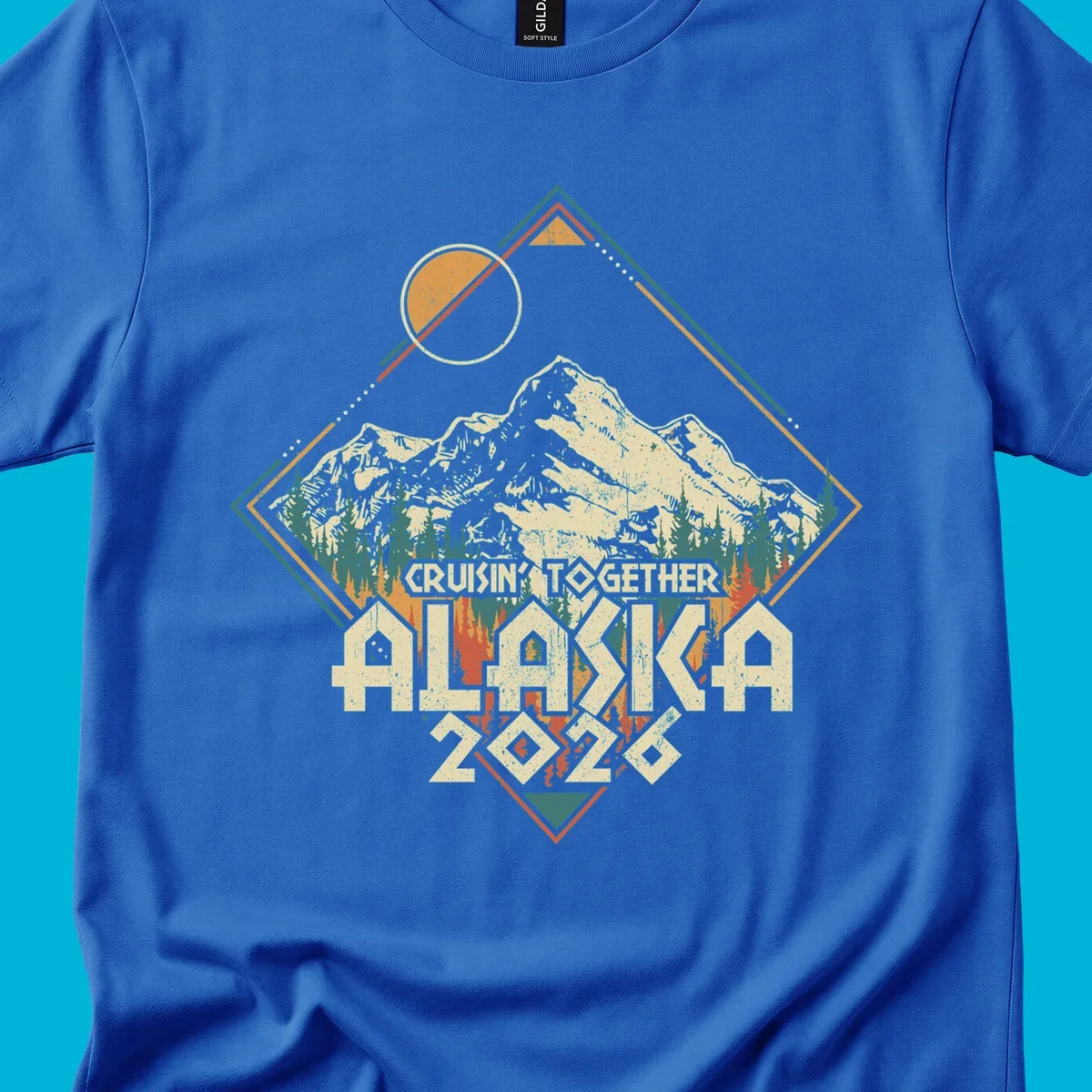 Vintage-style illustration of Alaska mountains and pine trees within a geometric frame, with 'Cruisin' Together Alaska 2026' text, for an Alaska cruise.