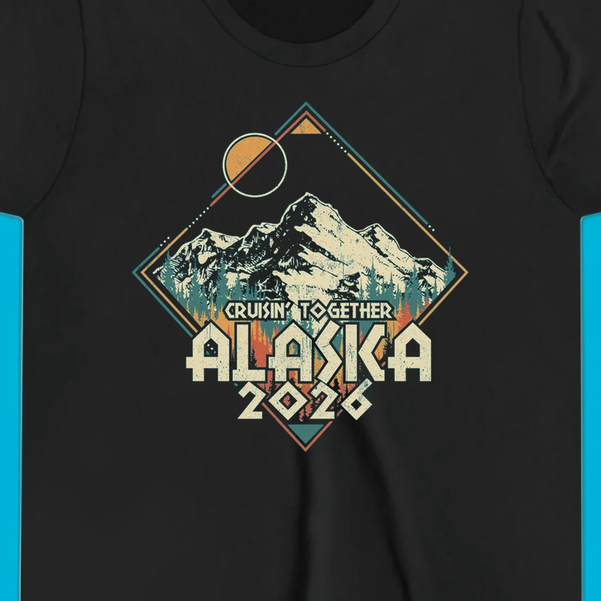 Vintage-style illustration of Alaska mountains and pine trees within a geometric frame, with 'Cruisin' Together Alaska 2026' text, for an Alaska cruise.