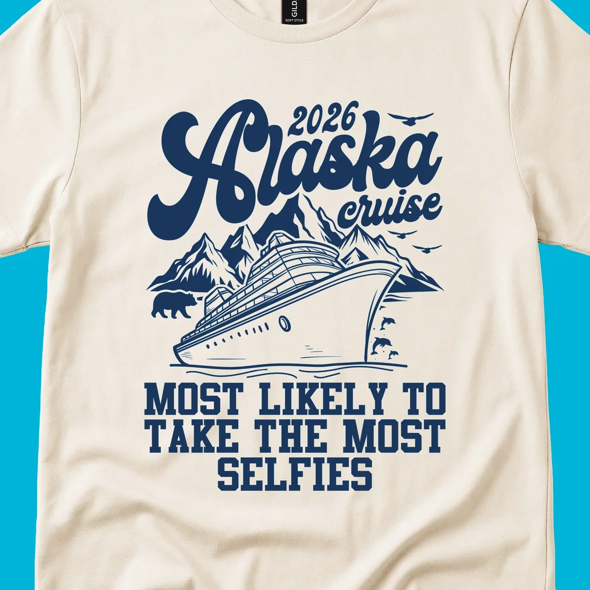 Monochrome 2026 Alaska cruise design with a ship, mountains, bear, dolphins, and "Most Likely To Take The Most Selfies" text.