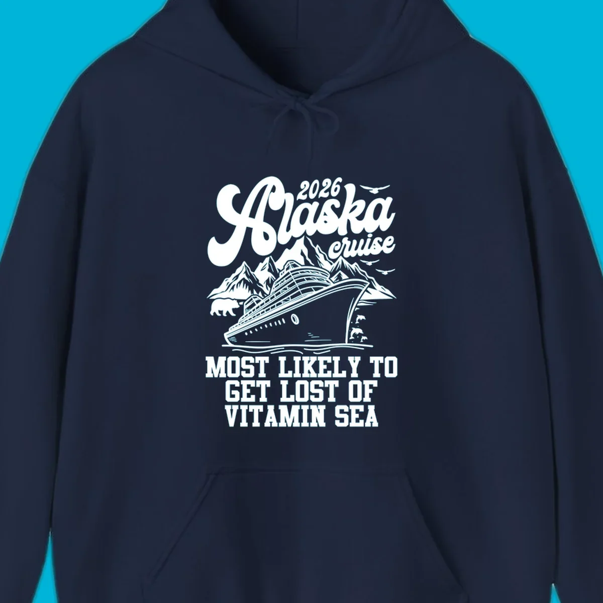 A vintage-style illustration for a 2026 Alaska cruise, featuring a ship, mountains, wildlife, and 'lost-of-vitamin-sea' text.