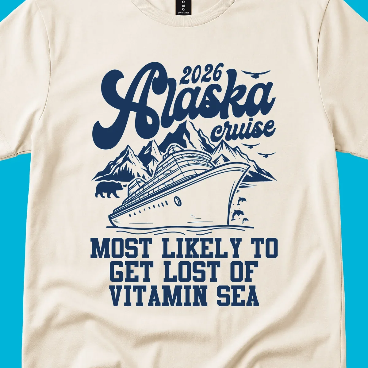 A vintage-style illustration for a 2026 Alaska cruise, featuring a ship, mountains, wildlife, and 'lost-of-vitamin-sea' text.