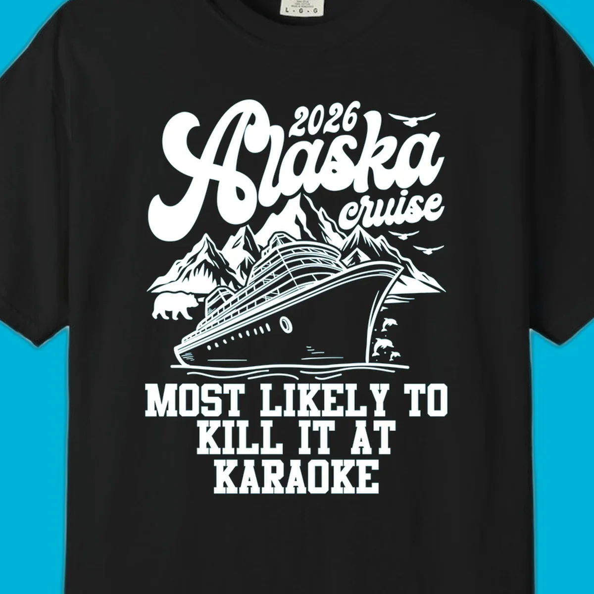 A vintage-style illustration for the 2026 Alaska cruise karaoke enthusiast, featuring a ship, mountains, bear, and dolphins.