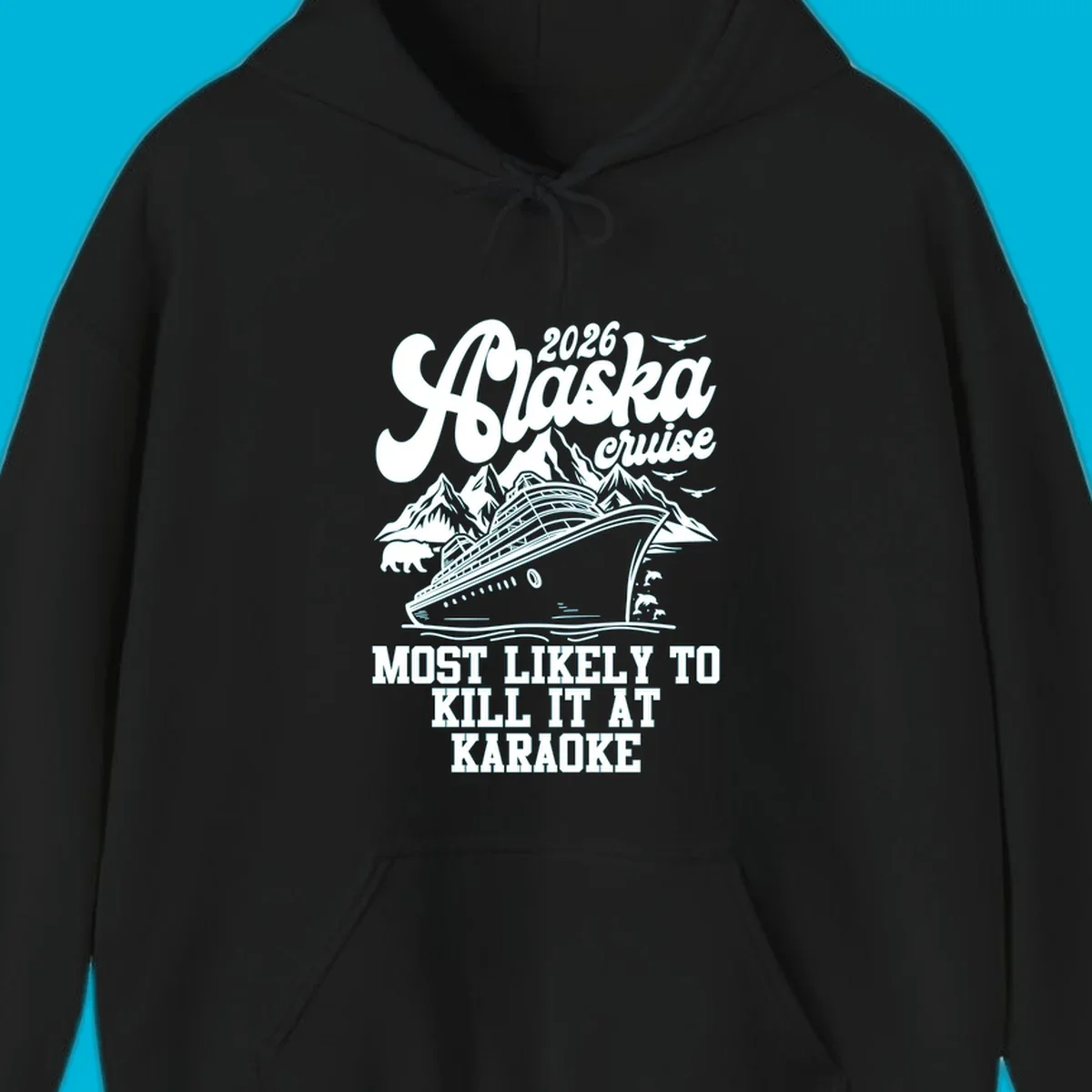 A vintage-style illustration for the 2026 Alaska cruise karaoke enthusiast, featuring a ship, mountains, bear, and dolphins.