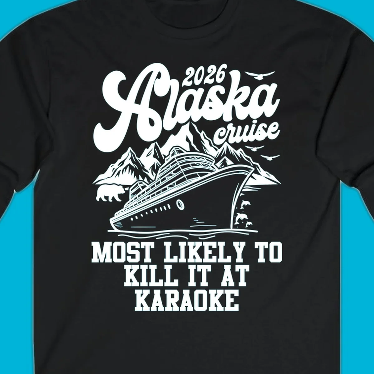 A vintage-style illustration for the 2026 Alaska cruise karaoke enthusiast, featuring a ship, mountains, bear, and dolphins.