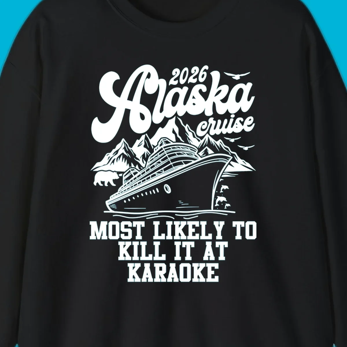 A vintage-style illustration for the 2026 Alaska cruise karaoke enthusiast, featuring a ship, mountains, bear, and dolphins.