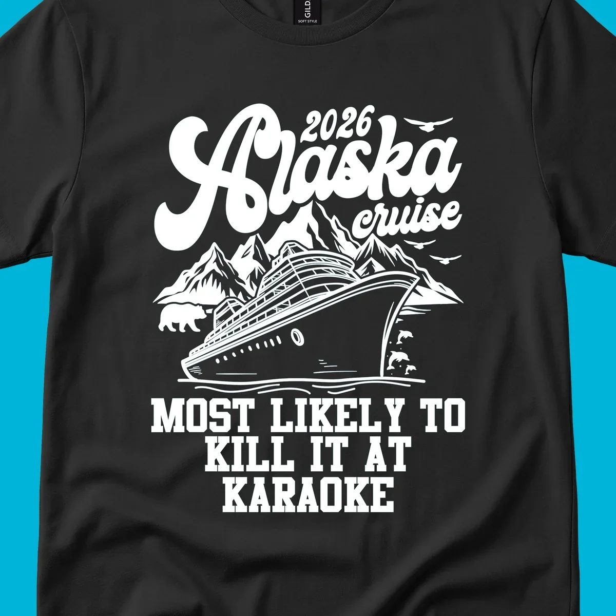 A vintage-style illustration for the 2026 Alaska cruise karaoke enthusiast, featuring a ship, mountains, bear, and dolphins.