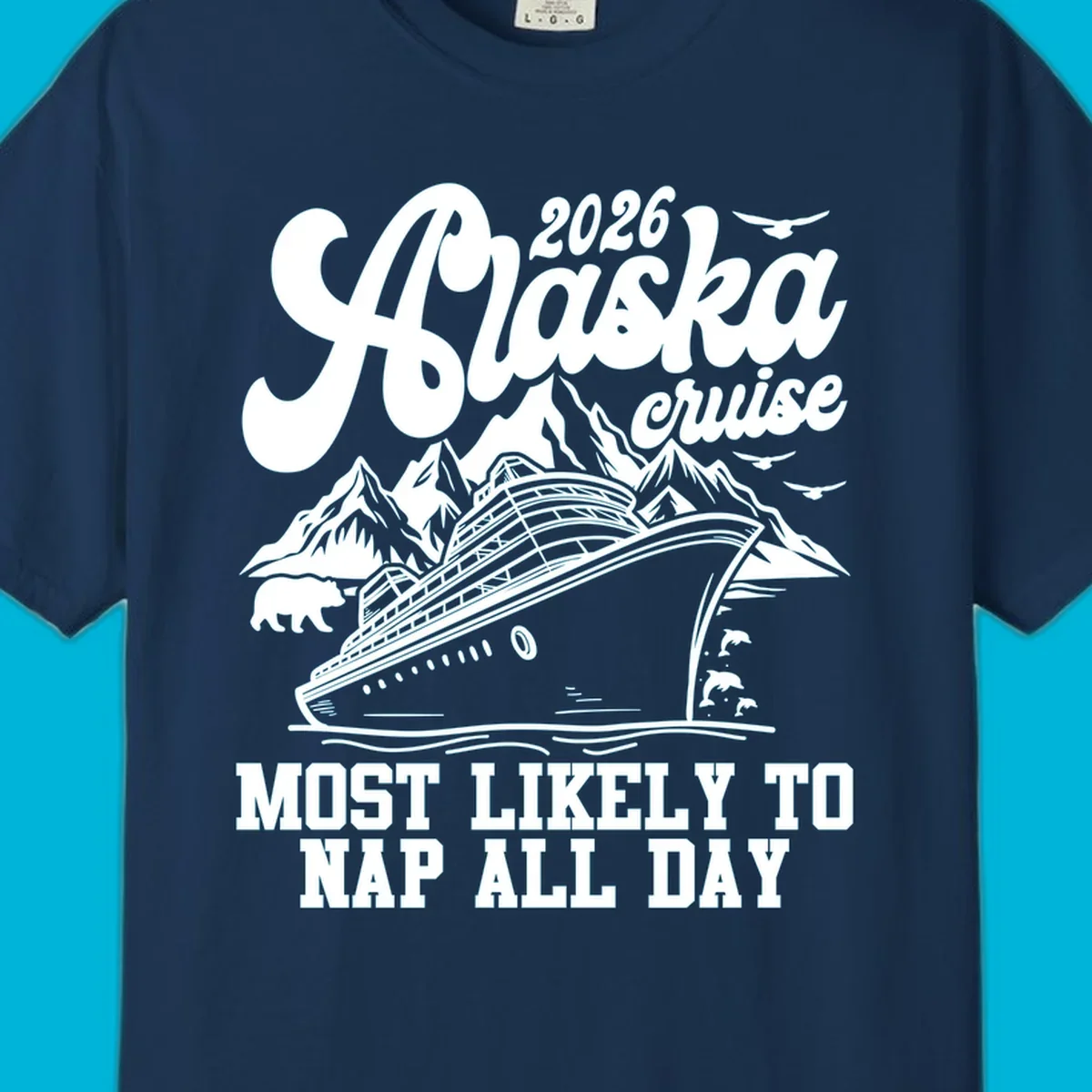 An illustration for an alaska-cruise-nap-day shows a cruise ship, mountains, a bear, birds, and dolphins with text.