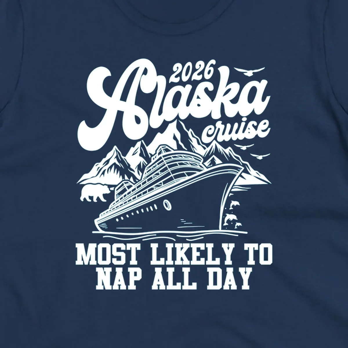 An illustration for an alaska-cruise-nap-day shows a cruise ship, mountains, a bear, birds, and dolphins with text.