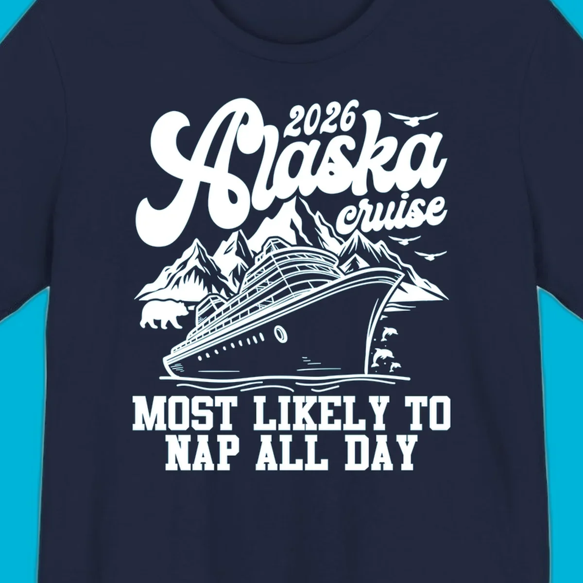 An illustration for an alaska-cruise-nap-day shows a cruise ship, mountains, a bear, birds, and dolphins with text.