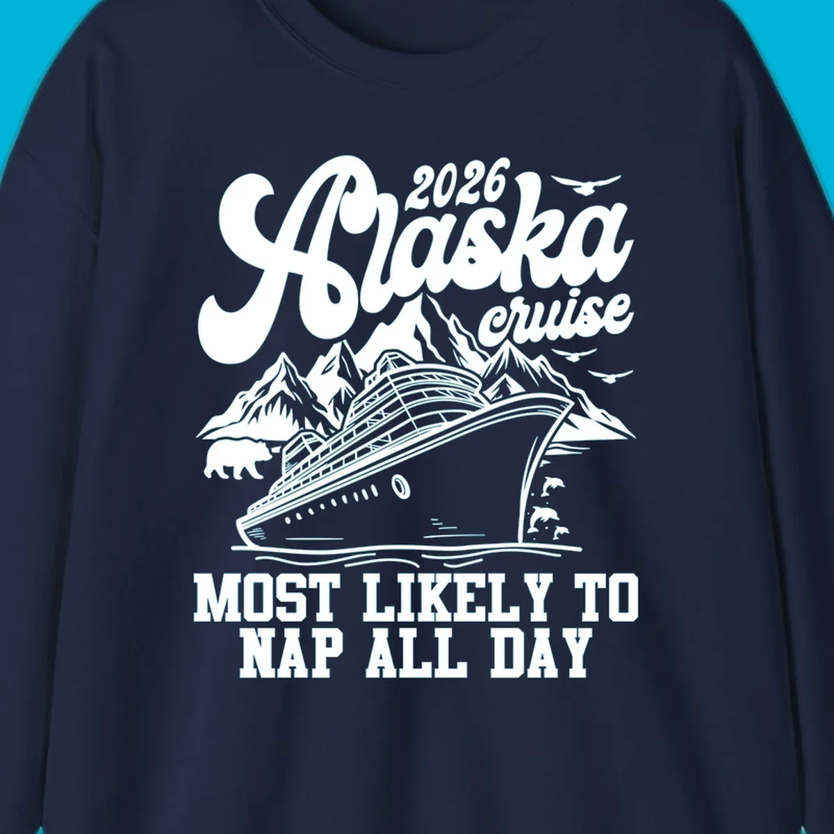An illustration for an alaska-cruise-nap-day shows a cruise ship, mountains, a bear, birds, and dolphins with text.