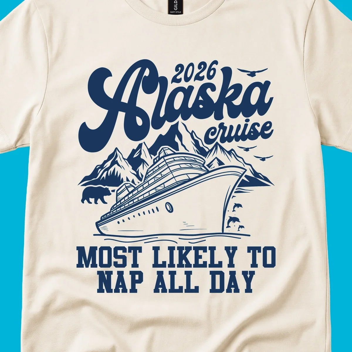 An illustration for an alaska-cruise-nap-day shows a cruise ship, mountains, a bear, birds, and dolphins with text.