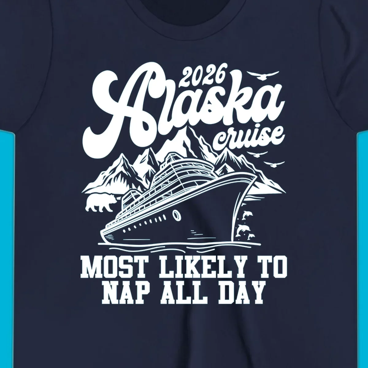 An illustration for an alaska-cruise-nap-day shows a cruise ship, mountains, a bear, birds, and dolphins with text.