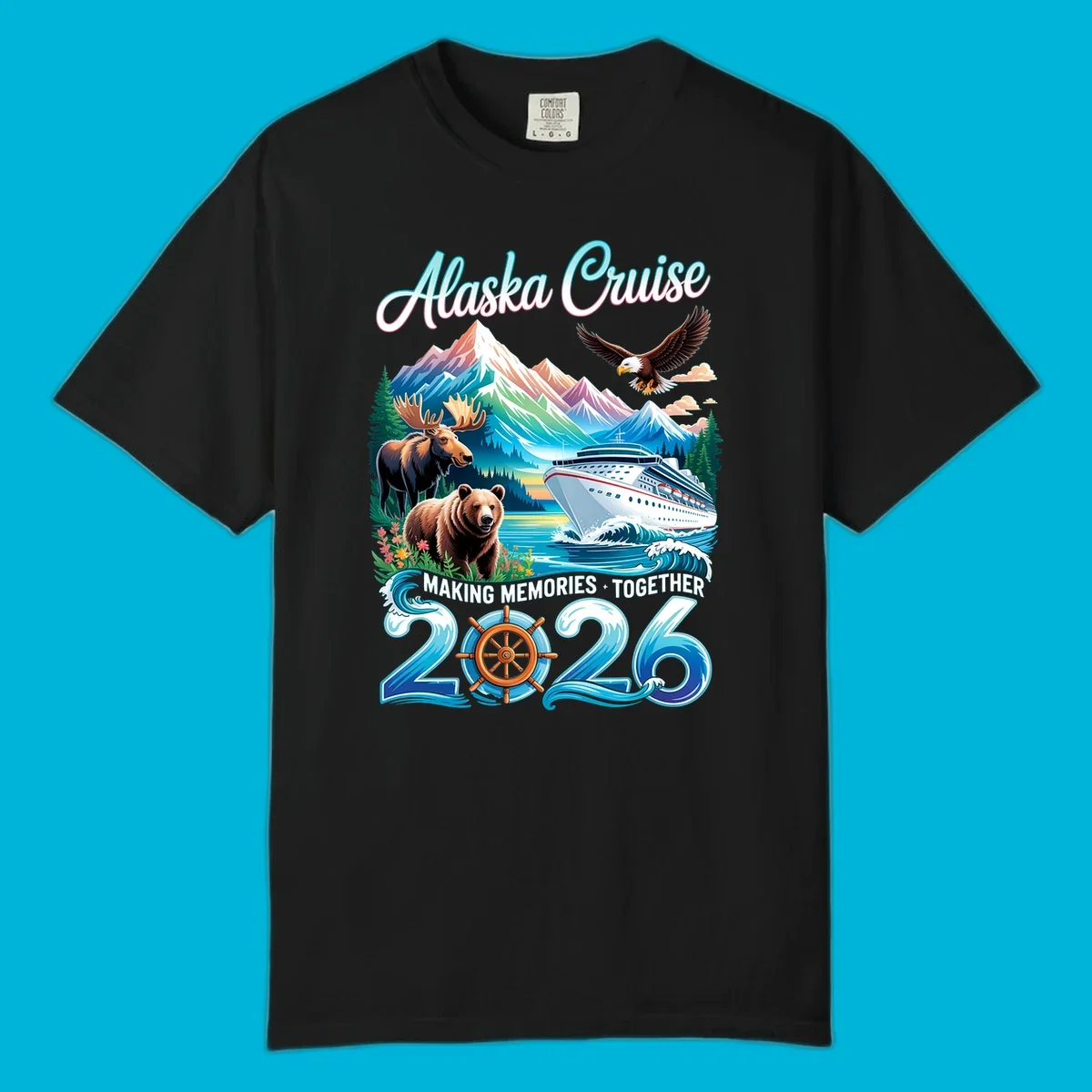 An illustrated design for an Alaska 2026 cruise, featuring a ship, mountains, moose, bear, and an eagle.