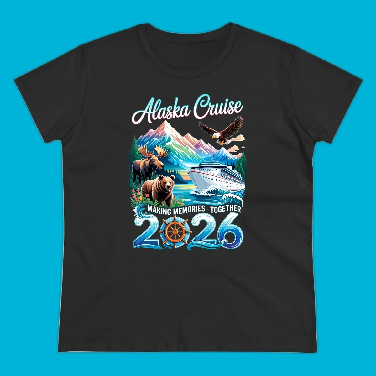 An illustrated design for an Alaska 2026 cruise, featuring a ship, mountains, moose, bear, and an eagle.