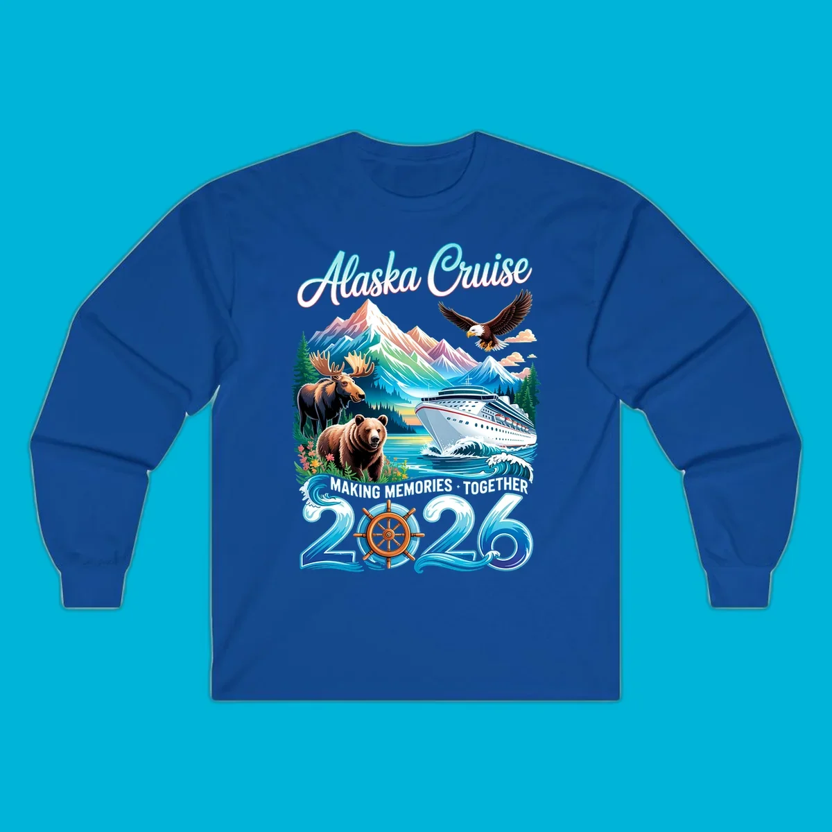 An illustrated design for an Alaska 2026 cruise, featuring a ship, mountains, moose, bear, and an eagle.