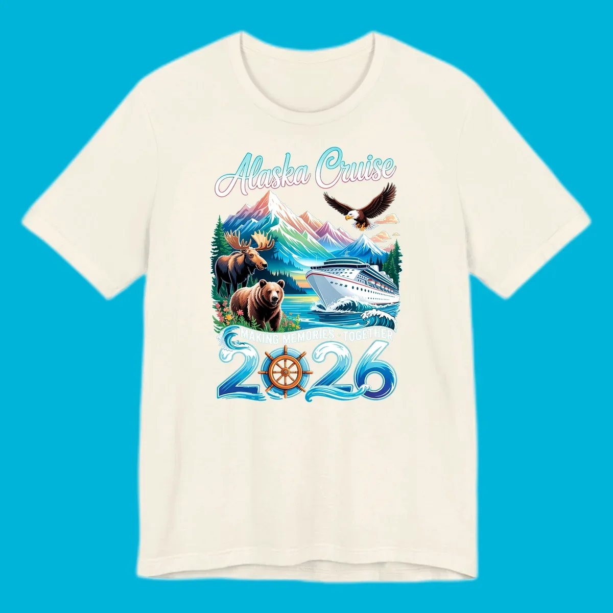 An illustrated design for an Alaska 2026 cruise, featuring a ship, mountains, moose, bear, and an eagle.