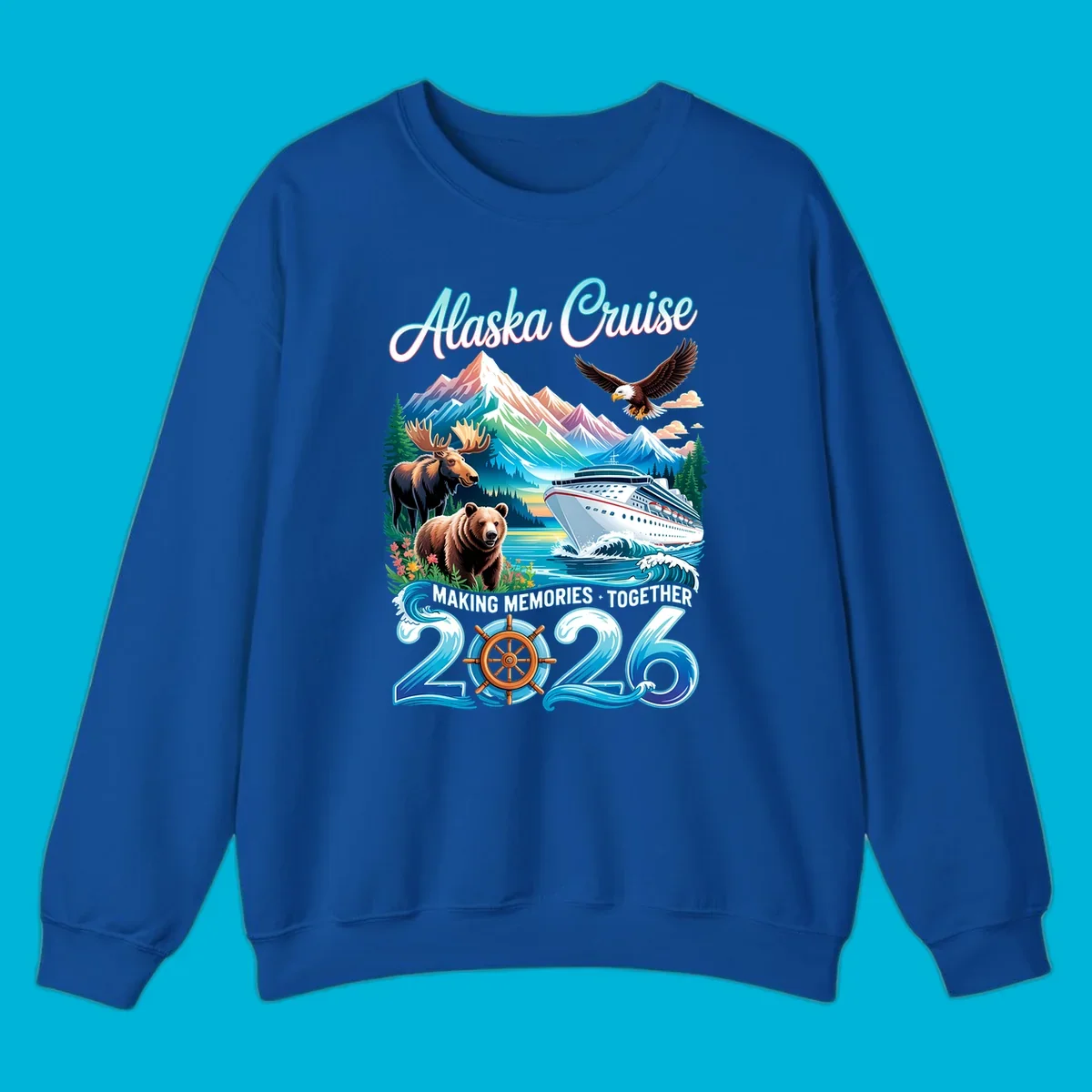An illustrated design for an Alaska 2026 cruise, featuring a ship, mountains, moose, bear, and an eagle.