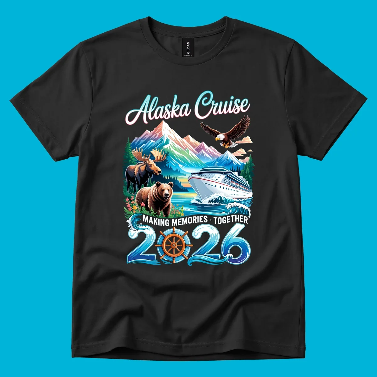 An illustrated design for an Alaska 2026 cruise, featuring a ship, mountains, moose, bear, and an eagle.