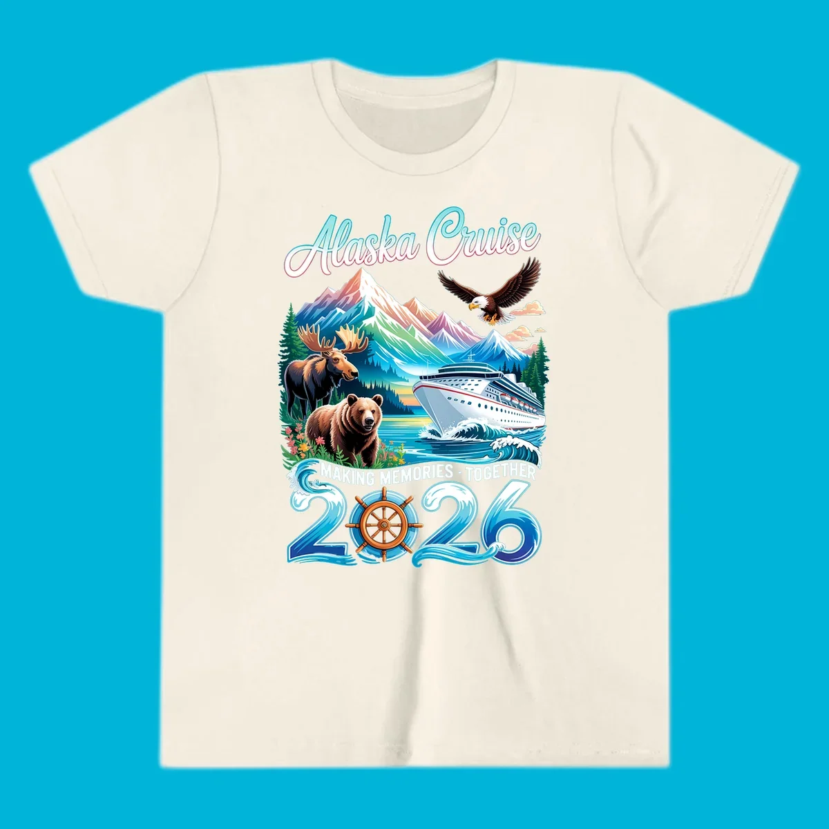 An illustrated design for an Alaska 2026 cruise, featuring a ship, mountains, moose, bear, and an eagle.