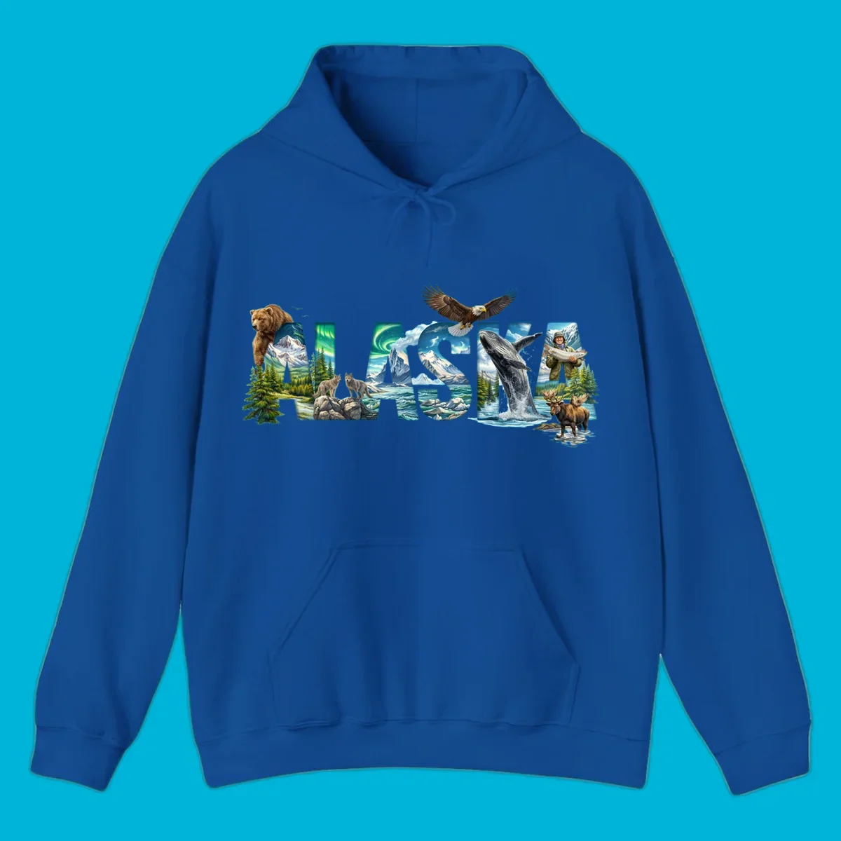 An illustrated text design spelling "ALASKA" with images of a grizzly, mountains, northern lights, wolves, ocean, bald eagle, whale, fisherman, and moose. This alaska-wildlife-scenic-text design captures the state's natural beauty.