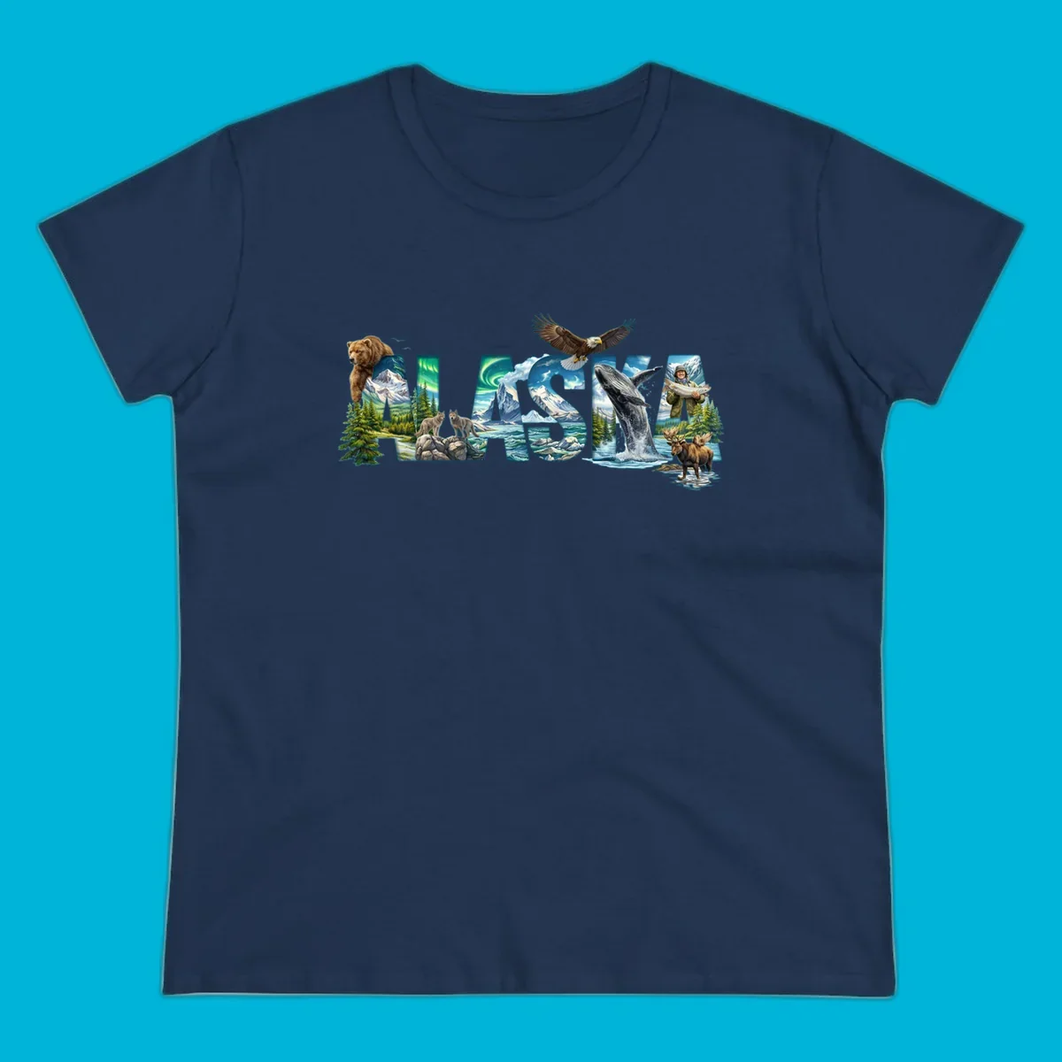 An illustrated text design spelling "ALASKA" with images of a grizzly, mountains, northern lights, wolves, ocean, bald eagle, whale, fisherman, and moose. This alaska-wildlife-scenic-text design captures the state's natural beauty.