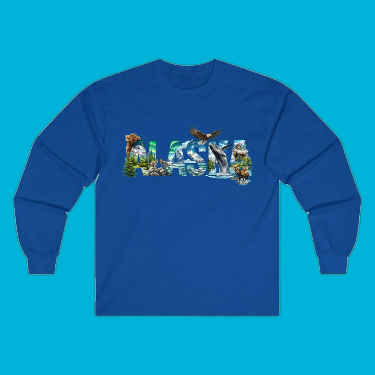 An illustrated text design spelling "ALASKA" with images of a grizzly, mountains, northern lights, wolves, ocean, bald eagle, whale, fisherman, and moose. This alaska-wildlife-scenic-text design captures the state's natural beauty.