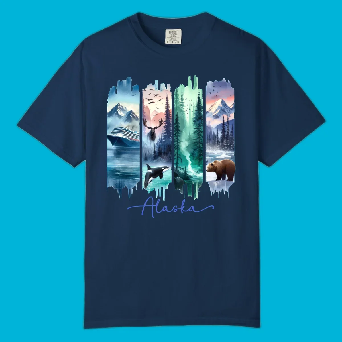 Four panel alaska four panel scenes design featuring a ship, moose, orca, forest, bear, and mountains, with 'Alaska' text.