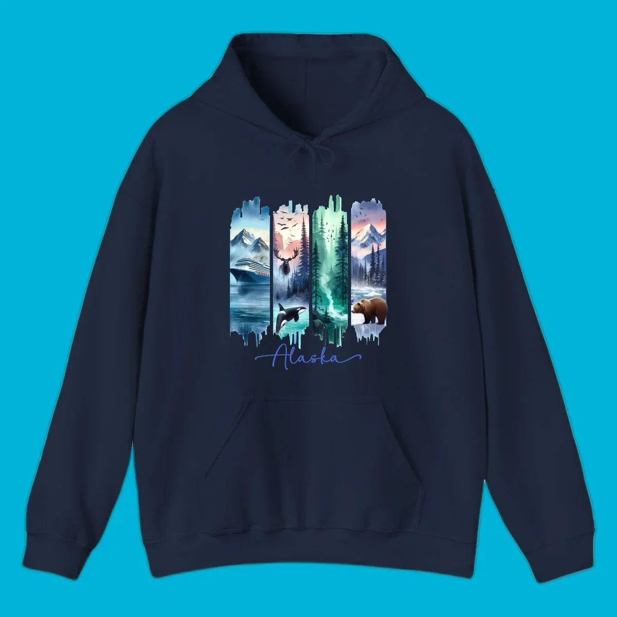 Four panel alaska four panel scenes design featuring a ship, moose, orca, forest, bear, and mountains, with 'Alaska' text.
